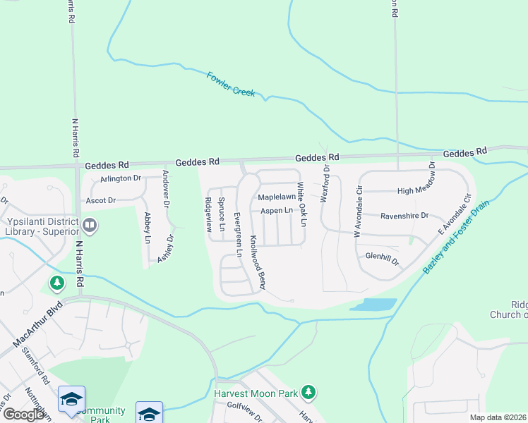 map of restaurants, bars, coffee shops, grocery stores, and more near 1970 Knollwood Bend in Ypsilanti