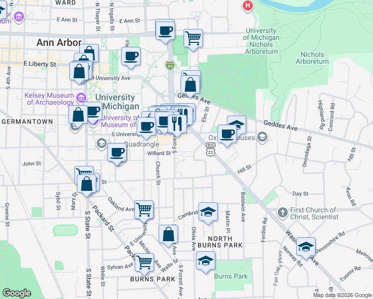 map of restaurants, bars, coffee shops, grocery stores, and more near 1408 Washtenaw Avenue in Ann Arbor