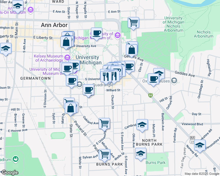 map of restaurants, bars, coffee shops, grocery stores, and more near 611 Church Street in Ann Arbor