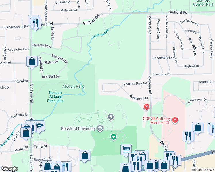 map of restaurants, bars, coffee shops, grocery stores, and more near 5106 Parliament Place in Rockford