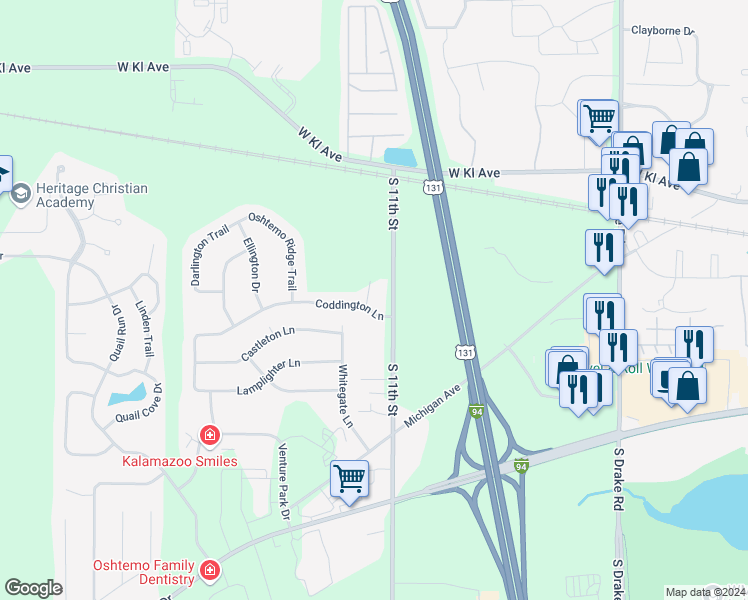map of restaurants, bars, coffee shops, grocery stores, and more near 5528 Coddington Lane in Kalamazoo