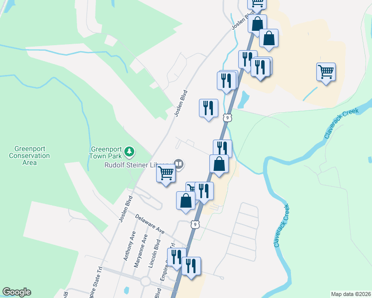 map of restaurants, bars, coffee shops, grocery stores, and more near 108-156 Hickory Ln in Hudson
