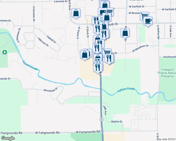 map of restaurants, bars, coffee shops, grocery stores, and more near 1880 South West Avenue in Freeport