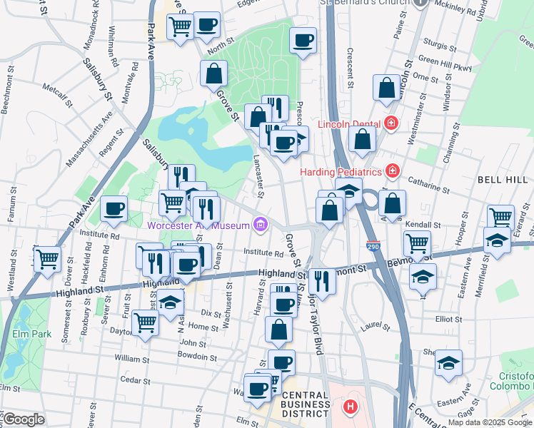 map of restaurants, bars, coffee shops, grocery stores, and more near 60 Salisbury Street in Worcester