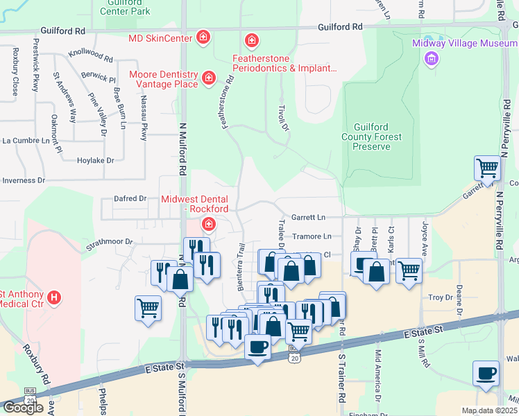 map of restaurants, bars, coffee shops, grocery stores, and more near 6333 Garrett Lane in Rockford