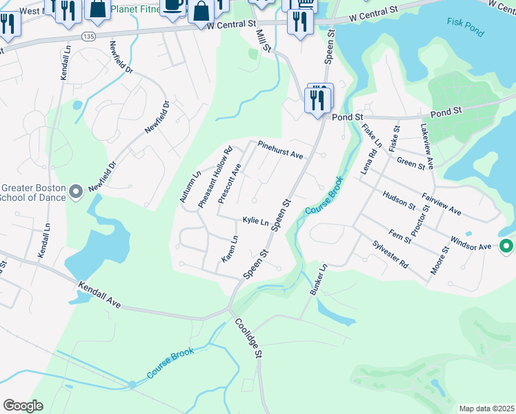 map of restaurants, bars, coffee shops, grocery stores, and more near 141 Great Rock Circle in Natick