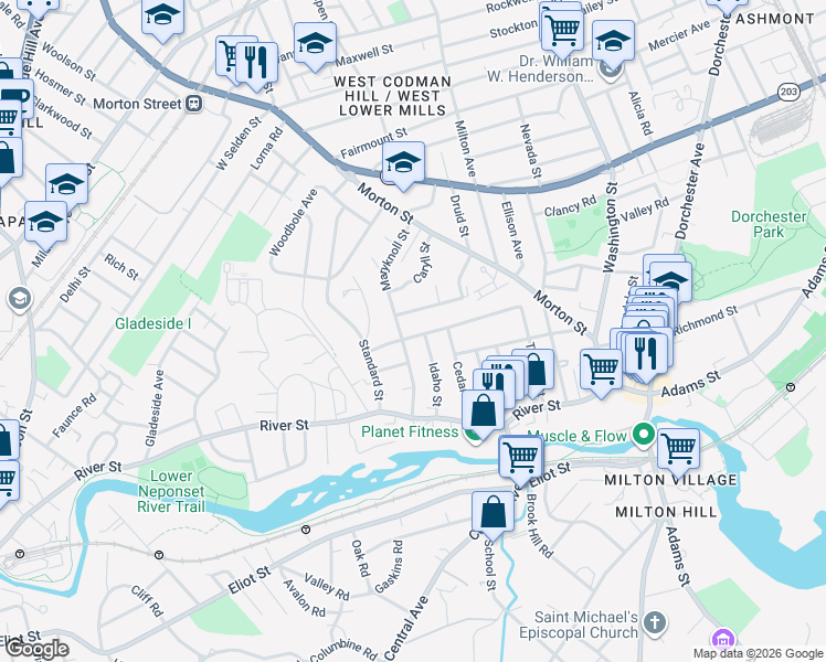 map of restaurants, bars, coffee shops, grocery stores, and more near 72 Clearwater Drive in Boston