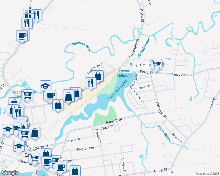 map of restaurants, bars, coffee shops, grocery stores, and more near 2 Ferry Street in Easthampton