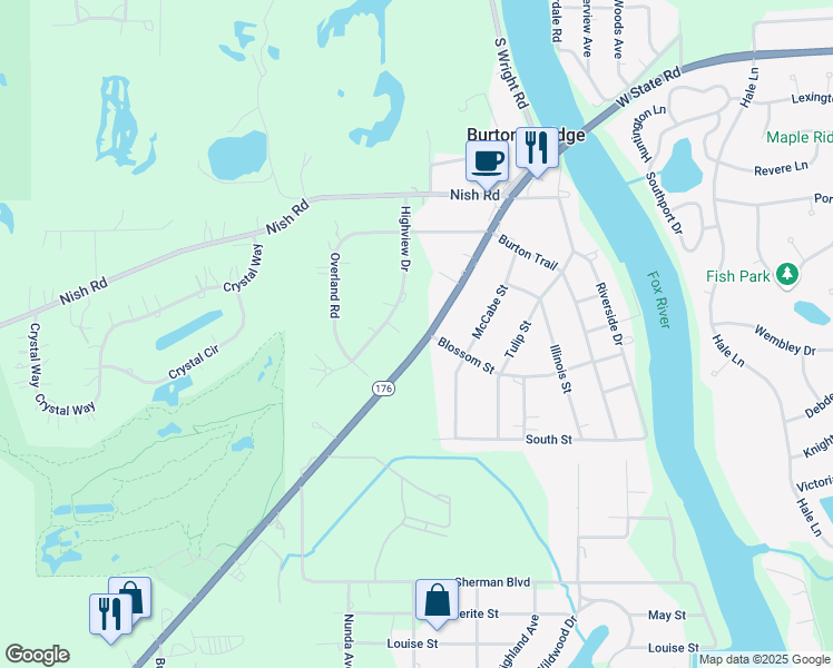 map of restaurants, bars, coffee shops, grocery stores, and more near 1818 Lands Court in Crystal Lake