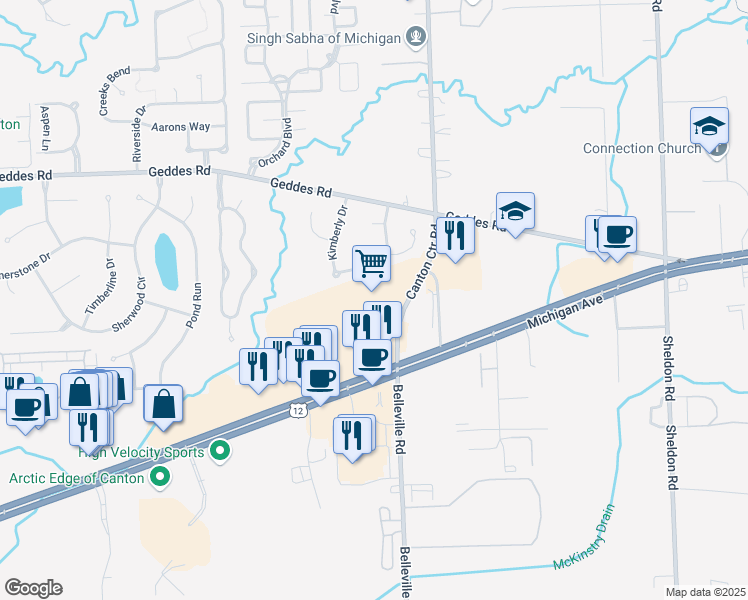 map of restaurants, bars, coffee shops, grocery stores, and more near 45540 Michigan Avenue in Canton