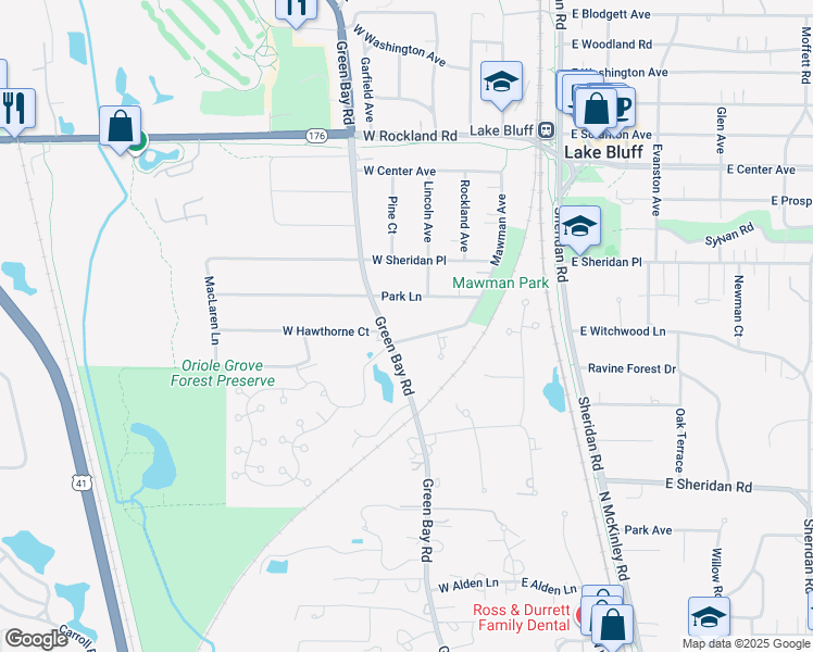 map of restaurants, bars, coffee shops, grocery stores, and more near 213 Park Lane in Lake Bluff
