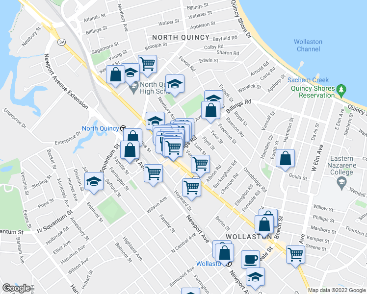 map of restaurants, bars, coffee shops, grocery stores, and more near Billings Rd & Vane St in Quincy