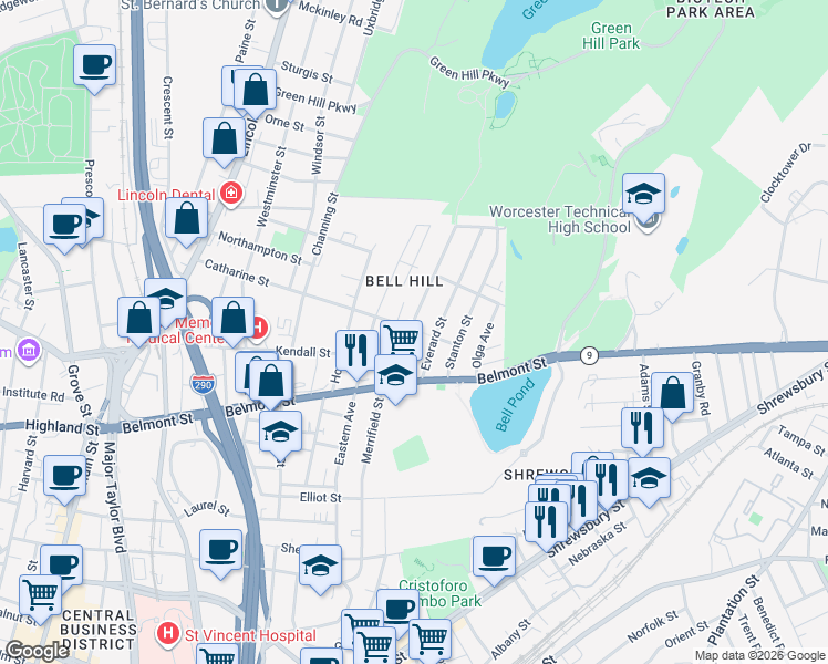 map of restaurants, bars, coffee shops, grocery stores, and more near 37 Rodney Street in Worcester