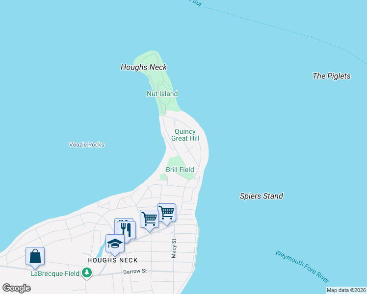 map of restaurants, bars, coffee shops, grocery stores, and more near 53 Mears Avenue in Quincy