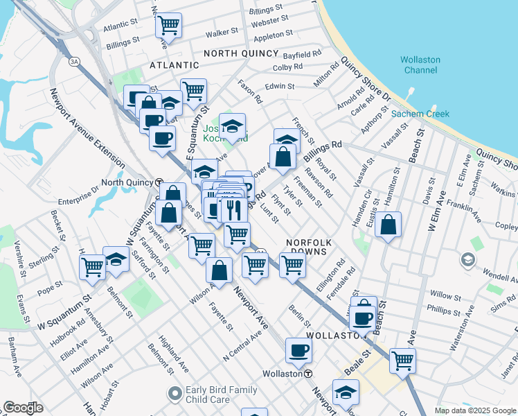 map of restaurants, bars, coffee shops, grocery stores, and more near 67 Billings Road in Quincy