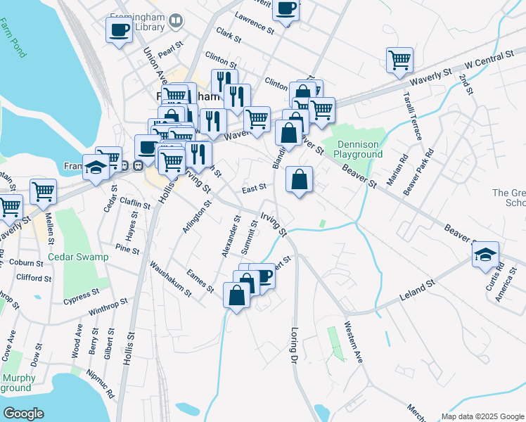map of restaurants, bars, coffee shops, grocery stores, and more near 202C Irving Street in Framingham