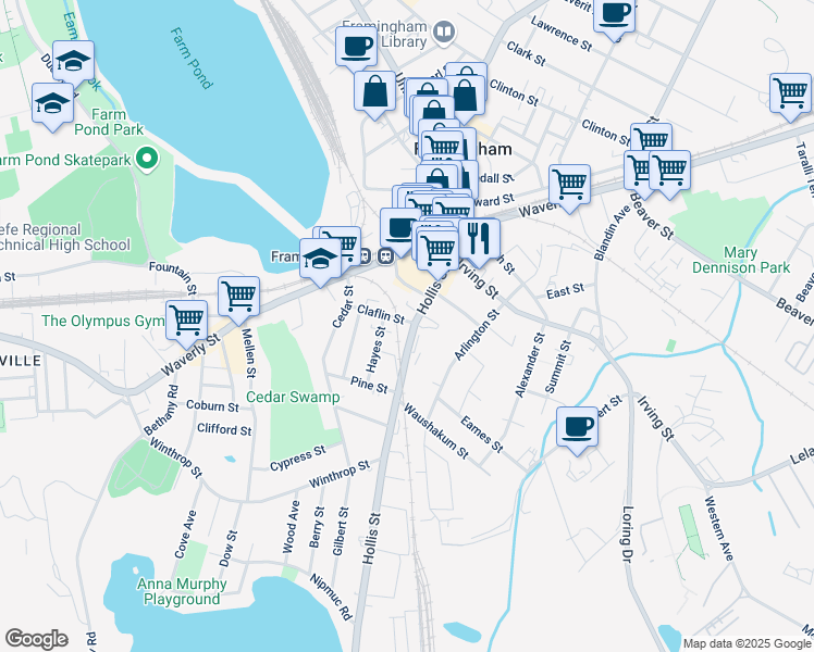 map of restaurants, bars, coffee shops, grocery stores, and more near 139 Hollis Street in Framingham