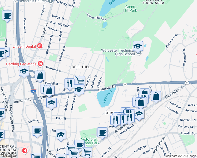 map of restaurants, bars, coffee shops, grocery stores, and more near 54 Olga Avenue in Worcester