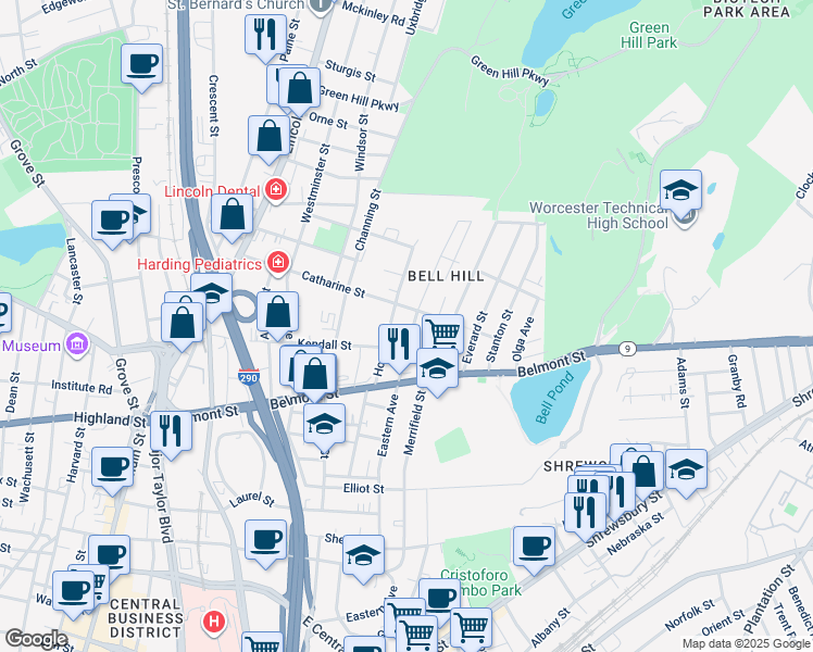 map of restaurants, bars, coffee shops, grocery stores, and more near 159 Eastern Avenue in Worcester