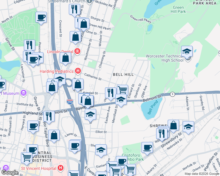 map of restaurants, bars, coffee shops, grocery stores, and more near 31 Hooper Street in Worcester