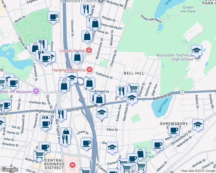 map of restaurants, bars, coffee shops, grocery stores, and more near 12A Channing Street in Worcester