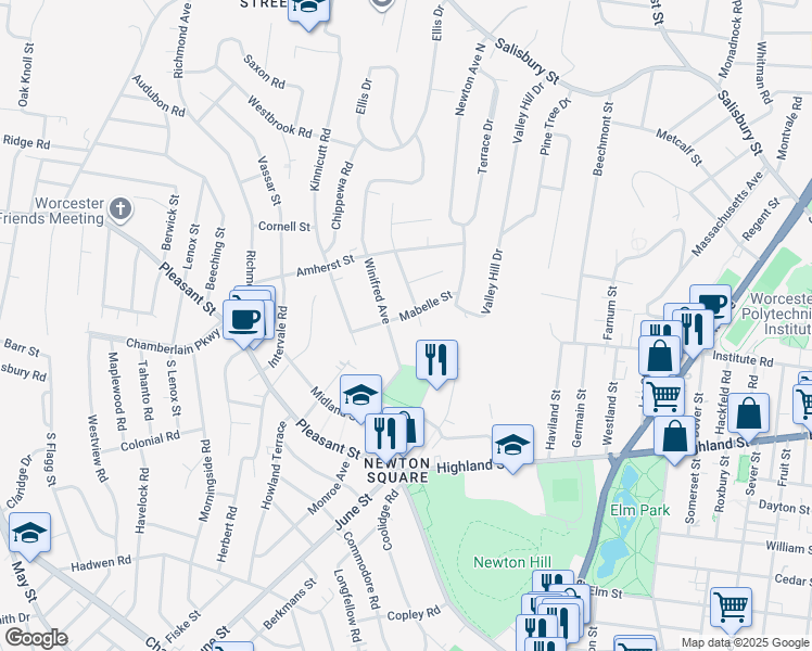 map of restaurants, bars, coffee shops, grocery stores, and more near 22 Mabelle Street in Worcester