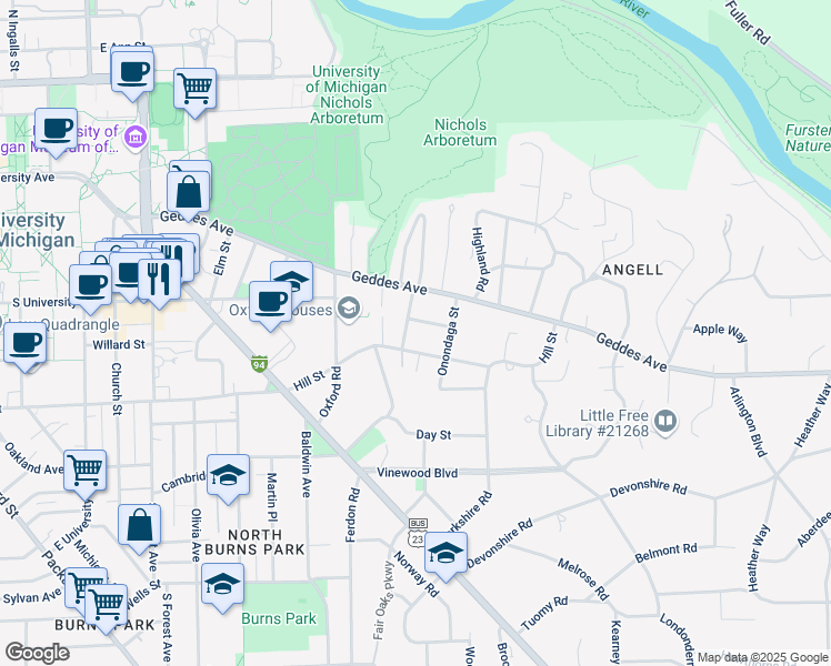 map of restaurants, bars, coffee shops, grocery stores, and more near 2019 Seneca Avenue in Ann Arbor