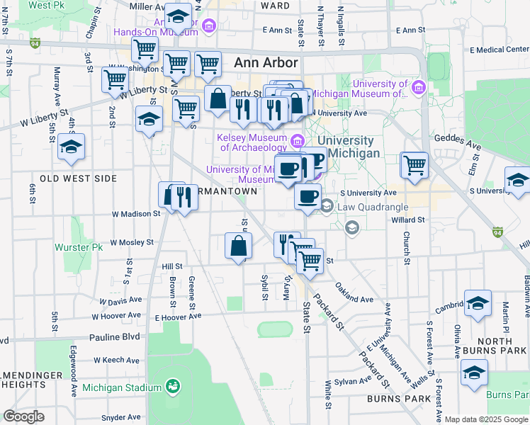 map of restaurants, bars, coffee shops, grocery stores, and more near 540 Thompson Street in Ann Arbor