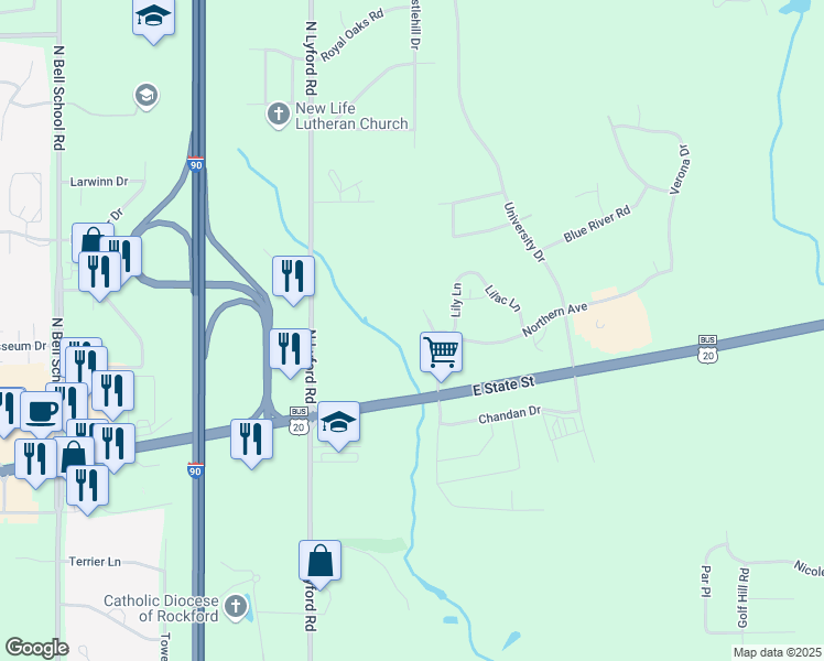 map of restaurants, bars, coffee shops, grocery stores, and more near 202 North Show Place Drive in Rockford