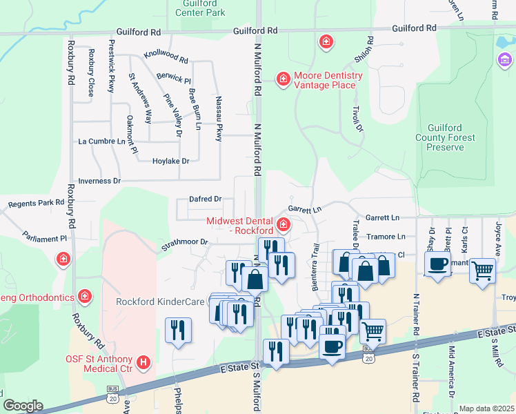 map of restaurants, bars, coffee shops, grocery stores, and more near 590 North Mulford Road in Rockford