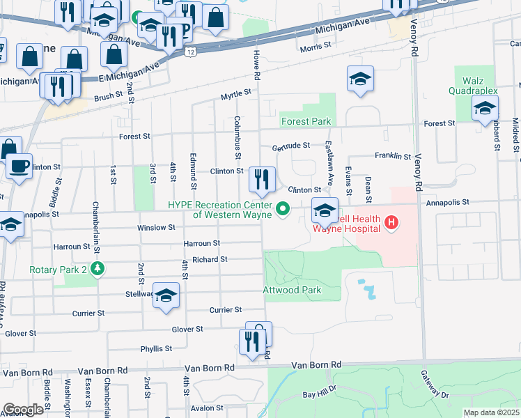 map of restaurants, bars, coffee shops, grocery stores, and more near Howe Road in Wayne