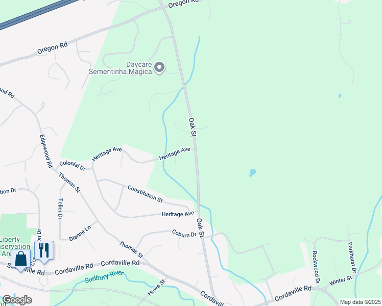 map of restaurants, bars, coffee shops, grocery stores, and more near 134 Oak Street in Ashland