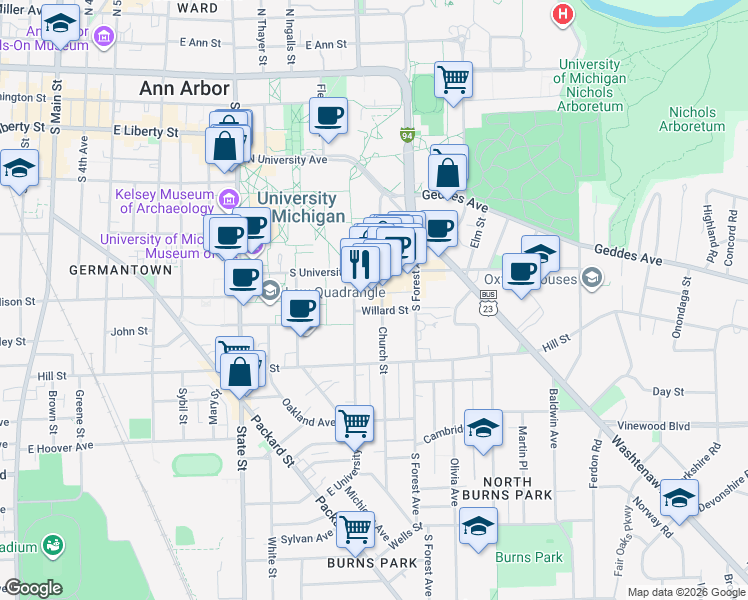 map of restaurants, bars, coffee shops, grocery stores, and more near 624 Church Street in Ann Arbor