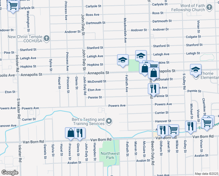 map of restaurants, bars, coffee shops, grocery stores, and more near 26285 McDonald Street in Dearborn Heights