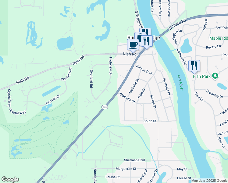 map of restaurants, bars, coffee shops, grocery stores, and more near 1818 Lands Court in Crystal Lake