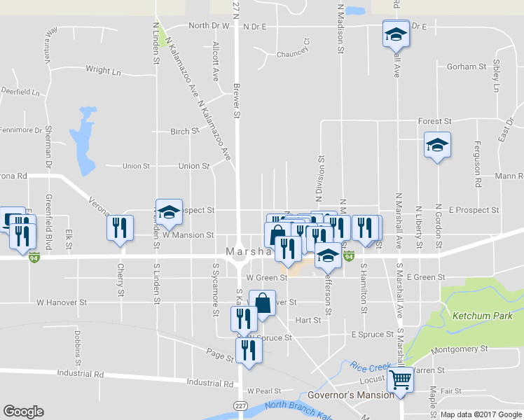 map of restaurants, bars, coffee shops, grocery stores, and more near 298 North Grand Street in Marshall