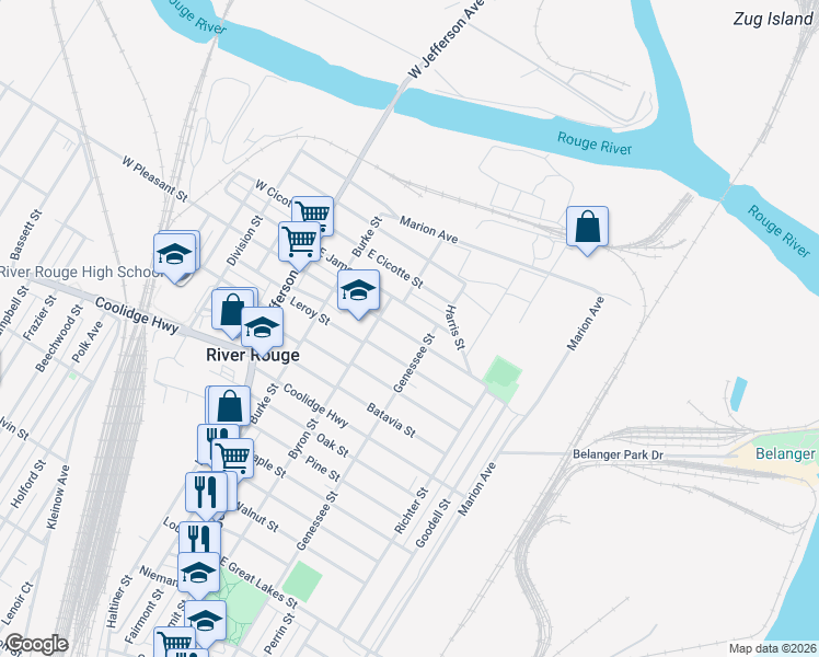 map of restaurants, bars, coffee shops, grocery stores, and more near 80 East James Street in River Rouge