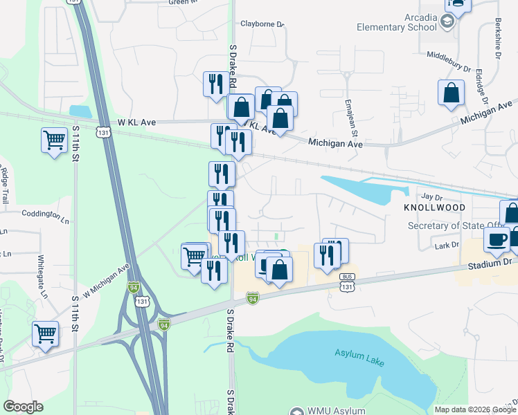 map of restaurants, bars, coffee shops, grocery stores, and more near 4600 Forest Hills Lane in Kalamazoo