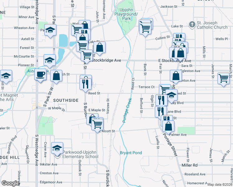 map of restaurants, bars, coffee shops, grocery stores, and more near 405 Reed Avenue in Kalamazoo
