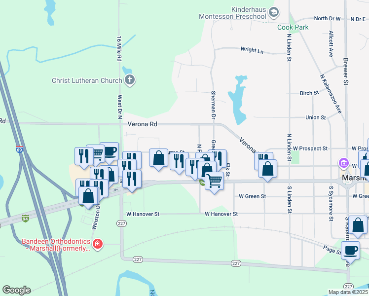map of restaurants, bars, coffee shops, grocery stores, and more near 1120 Arms Street in Marshall
