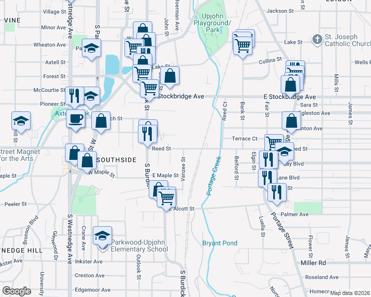 map of restaurants, bars, coffee shops, grocery stores, and more near 305 Reed Avenue in Kalamazoo