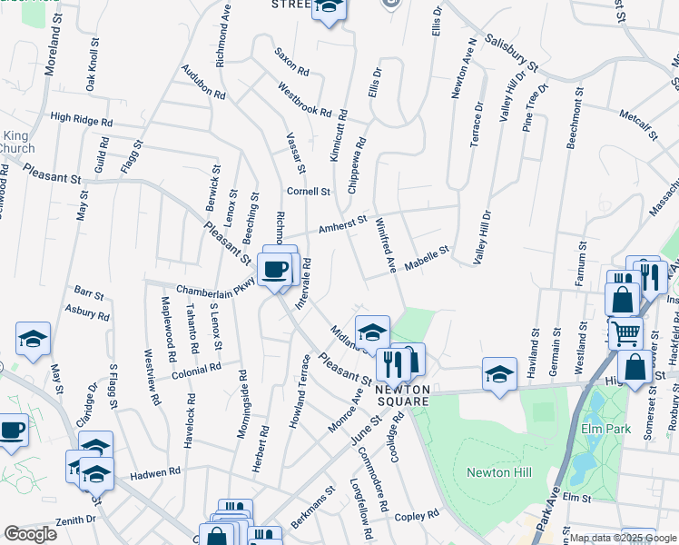 map of restaurants, bars, coffee shops, grocery stores, and more near 25 Creswell Road in Worcester