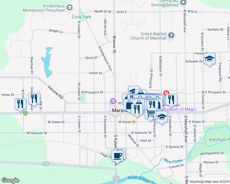 map of restaurants, bars, coffee shops, grocery stores, and more near 303 North Kalamazoo Avenue in Marshall