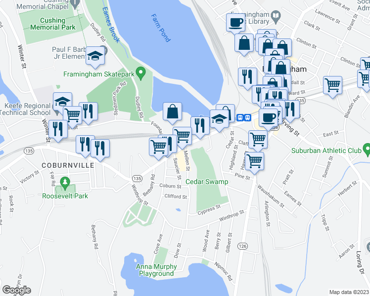 map of restaurants, bars, coffee shops, grocery stores, and more near 4 Mellen Street in Framingham