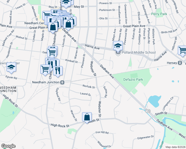 map of restaurants, bars, coffee shops, grocery stores, and more near 983 Webster Street in Needham