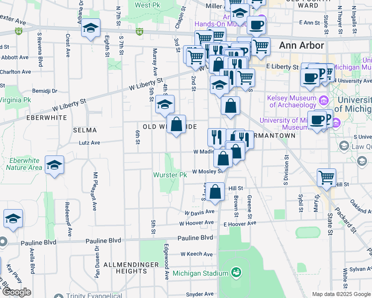 map of restaurants, bars, coffee shops, grocery stores, and more near 414 West Madison Street in Ann Arbor