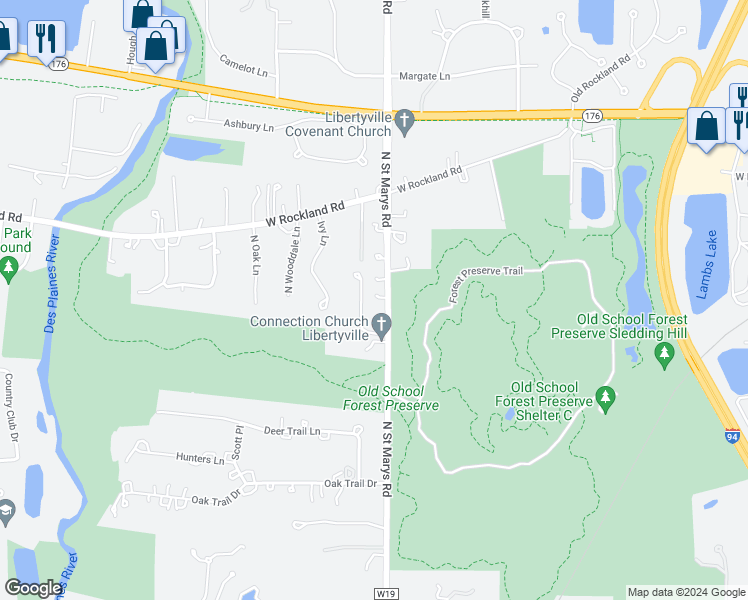 map of restaurants, bars, coffee shops, grocery stores, and more near 471 South Saint Marys Road in Libertyville