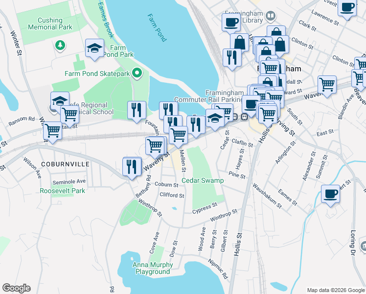 map of restaurants, bars, coffee shops, grocery stores, and more near 612 Waverley Place in Framingham