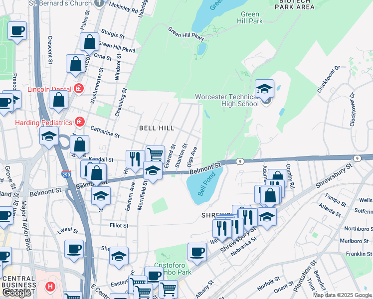 map of restaurants, bars, coffee shops, grocery stores, and more near 38 Everard Street in Worcester