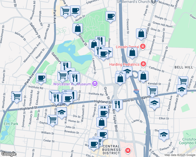 map of restaurants, bars, coffee shops, grocery stores, and more near 60 Salisbury Street in Worcester
